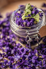 Obraz na płótnie Canvas Violet violets flowers bloom from a spring forest. Viola odorata styled studio shot edible alternative medicine health remedy for tea and skin care in a glas jar 