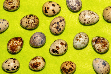 Quails eggs on green background. Easter concept