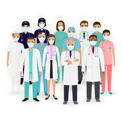 Doctors, nurses and paramedics characters with masks icons. Group of medical staff. Hospital team. Medicine banner. Flat style vector illustration.