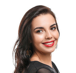 Young woman with beautiful makeup on white background