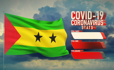COVID-19 Coronavirus 2019-nCov Statistics Update - table letter typography copy space concept with flag of Sao Tome and Principe. 3D illustration.