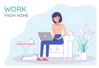 Freelancer working. Work from home. Freelance remote, distance work. Illustration for your design in pastel colors.