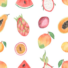 Watercolor tropical  fruits seamless pattern, hand drawn coconut, mango, watermelon, papaya, dragon fruit, orange, digital paper, monstera leaves pattern. Summer illustration. Exotic fruit clip art.