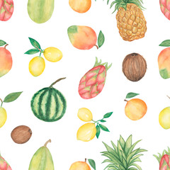 Watercolor tropical  fruits seamless pattern, hand drawn coconut, kiwi, watermelon, papaya, dragon fruit, banana, lemon, pineapple, mango digital paper, monstera leaves pattern. Summer illustration. 