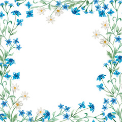 Obraz premium Hand drawn watercolor spring and summer floral wreath illustration.Wildflower wreath/frame for wedding, birthday invitation. Meadow herbs clip art. floral arrangement