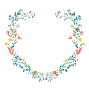 recommend clip art: Hand drawn watercolor  spring and summer floral wreath illustration.Wildflower wreath/frame for wedding, birthday invitation. Meadow herbs clip art. floral arrangement