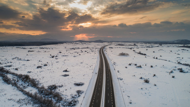 Aerial view of winter sunset on main motorway in Croatia