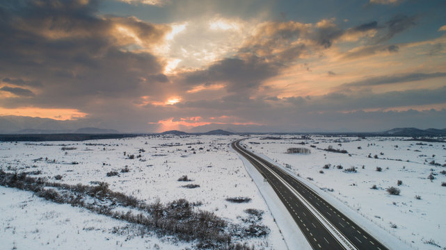 Aerial view of winter sunset on main motorway in Croatia