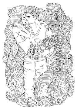 JPEG hand drawn embraces a loving couple. A young guy is holding hands a sea mermaid with long hair and a scaly tail. Pattern coloring page A4 size