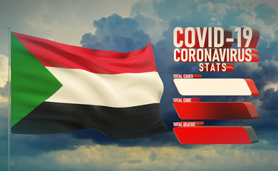 COVID-19 Coronavirus 2019-nCov Statistics Update - table letter typography copy space concept with flag of Sudan. 3D illustration.