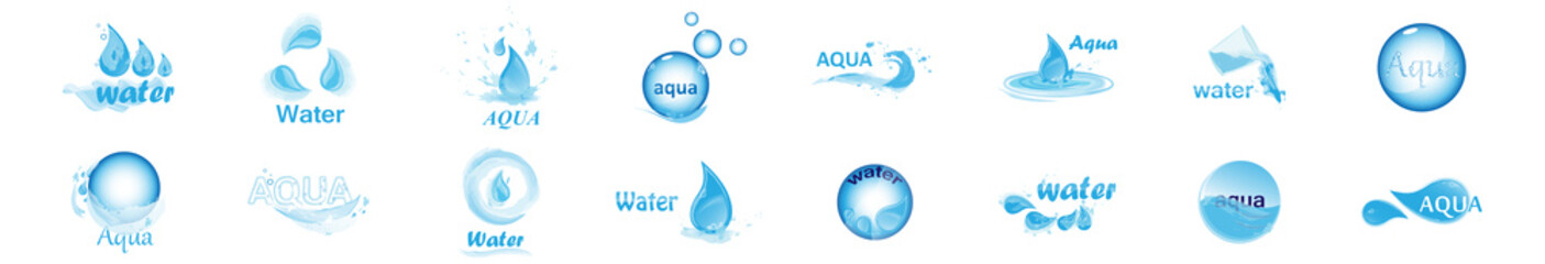 Water Splash Vector And Drop Set - Isolated On White. Vector Collection Of Flat Water Splash and Drop Logo. Icons For Droplet, Water Wave, Rain, Raindrop, Company Logo And Bubble Design