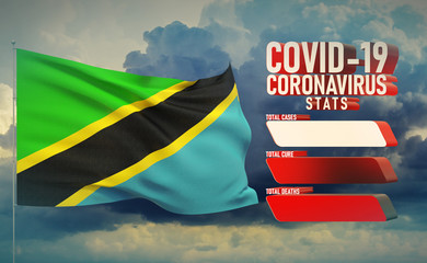 COVID-19 Coronavirus 2019-nCov Statistics Update - table letter typography copy space concept with flag of Tanzania. 3D illustration.