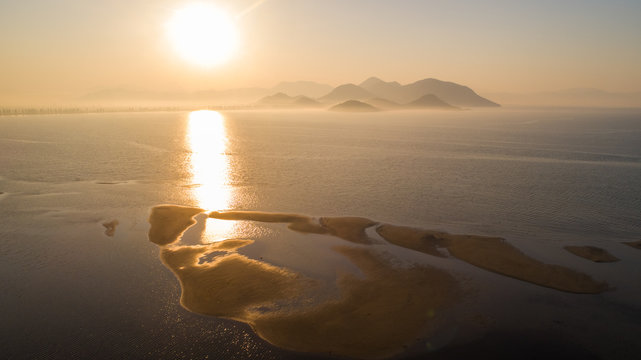 Aerial view of foggy morning in Neretva valley, Dalmatia, Croatia.