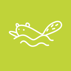 Cute kawaii animal character sign in dinamic motion. Funny beaver or cat do sport. Logo design template on light green background. Linear illustration in trendy minimalistic style for kids. Swimming