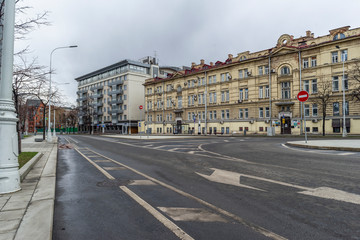 Fototapeta na wymiar Moscow, Russia, April 5, 2020. Coronavirus Quarantine, Covid-19, in Moscow. Empty streets in the city center.
