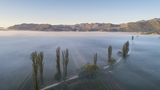 Aerial view of misty morning in Jezero valley near Vrgorac, Dalmatia, Croatia.