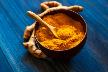 Turmeric root and powder spice. Natural antioxidant