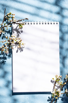 Empty notebook with shadow of a blooming tree