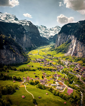 Aerial view of  Lauterbrunnen,  Interlaken-Oberhasli,Canton of Bern, Switzerland with a view on the valley, mountains and waterfalls