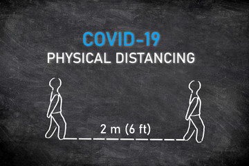 COVID-19 PHYSICAL DISTANCING instruction blackboard illustration. Maintain a distance of two meters...