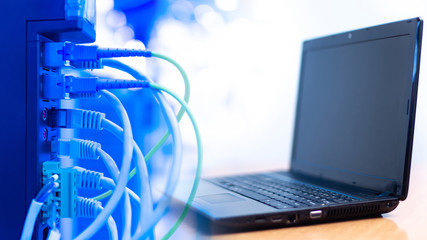 Network hardware. Concept - a local network in the enterprise. Laptop white background. Network...