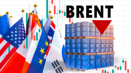 Reducing the cost of brent oil. Change in the price of the brand Brent. Oil futures are getting cheaper. USA. Japan. European Union. Flags of states on a white background. Blue barrels symbolize oil.