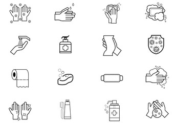 Set of hand washing icon. In closes such icons as cleaning,hand dryer,soap,wipe,sanitary and more.Vector health and Prevent disease concept.