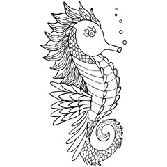 Black and white hand-drawn seahorse with bubbles in zentangle style. Patterned freshwater ray-finned fish. For coloring, tattoo, design, print on t-shirts. Vector.