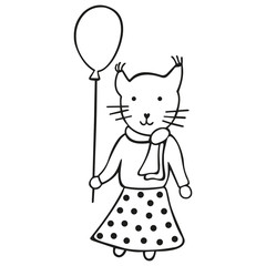 Cute black and white contour lynx in a polka dot skirt, sweater and scarf holding a balloon. Hand-drawn kids doodle isolated. For coloring page and print. Vector.