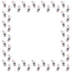 The square frame of their cute contour lynx in polka dot skirts, jumpers and scarves holding balloons on a white background. Cheerful children’s template with place for text. Invitation. Vector.