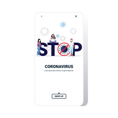 people wearing protective masks stop coronavirus pandemic quarantine spreading virus cells smartphone screen mobile app full length copy space vector illustration