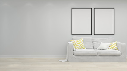 Bright room interior with sofa and picture frames