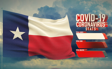 COVID-19 Coronavirus 2019-nCov Statistics Update - table letter typography copy space concept with flag of the states of USA. State of Texas flag Pandemic 3D illustration.