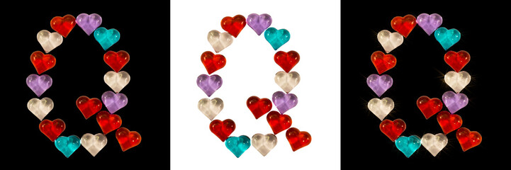 Isolated Font English or Latin Letter Q made of colorful glass hearts with sparkles on white and black backgrounds