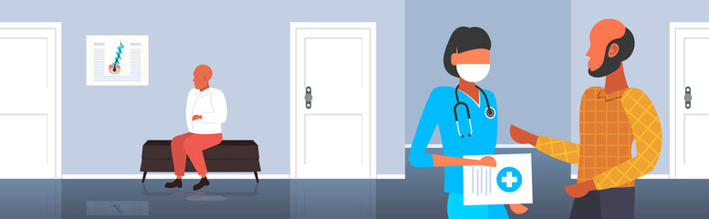 Fototapeta premium aesthetics doctor consulting balded man patient medical consultation baldness problem healthcare concept hospital interior horizontal portrait vector illustration