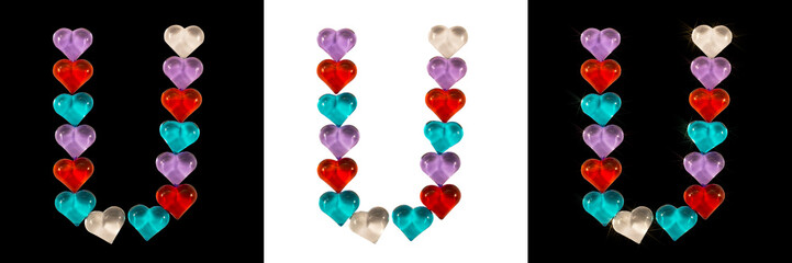 Isolated Font English or Latin Letter U made of colorful glass hearts with sparkles on white and...