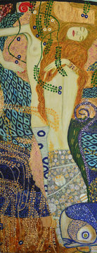 Nice painting of a young woman. On the motives of painting by Gustav Klimt. Water serpents 1. Oil on canvas 50x130 cm