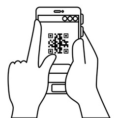 hands and qr code inside smartphone design of technology scan information business price communication barcode digital and data theme Vector illustration