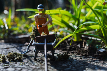 Worker is cleaning weed with wheelbarrow, shovel and broom.