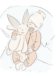 a small child in bed with toy rabbit. concept of childhood, illustration. sketch. isolated on white background