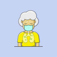 sad grand mother wearing medicine mask, illustartion pneumonia in lungs