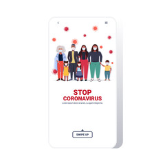 african american family in medical masks standing together stop coronavirus prevention 2019-nCoV quarantine concept smartphone screen mobile app full length copy space vector illustration