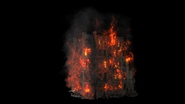 Burning building. All the floors of the old house are on fire. Looping VFX animation with an alpha channel.