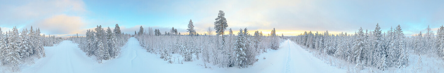Bright 360 degree panorama of intersection with snow cover in Vasterbotte