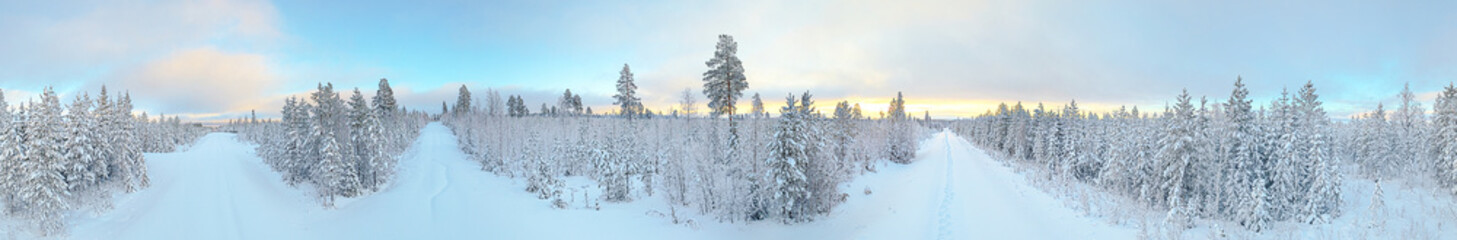 Bright 360 degree panorama of intersection with snow cover in Vasterbotte