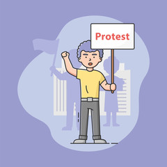 Mass Protest Action Concept. Dissatisfied Man Is Complaining And Taking Part In Strike, Holding Big Protest Banner. Male Character Defends His Rights. Cartoon Linear Outline Flat Vector Illustration