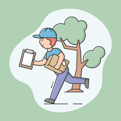 Concept Of Fast Delivery Service. Young Hurrying Courier Is Follow Deadlines To Deliver Package To Customer . Man Is Running Witn Cardboard Box. Cartoon Linear Outline Flat Style. Vector Illustration