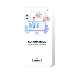 doctor in protective mask giving basic protective measures against coronavirus online consultation healthcare concept smartphone screen mobile app copy space vector illustration