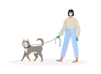 Woman in white medical protective face mask and medical gloves, walking with their dog . Coronavirus quarantine. Protect from novel coronavirus COVID-19 virus Cartoon flat vector illustration.