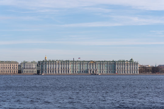 Hermitage Museum, a view from the Neva River - Saint Petersburg, Russia. A top tourist attraction of the city.